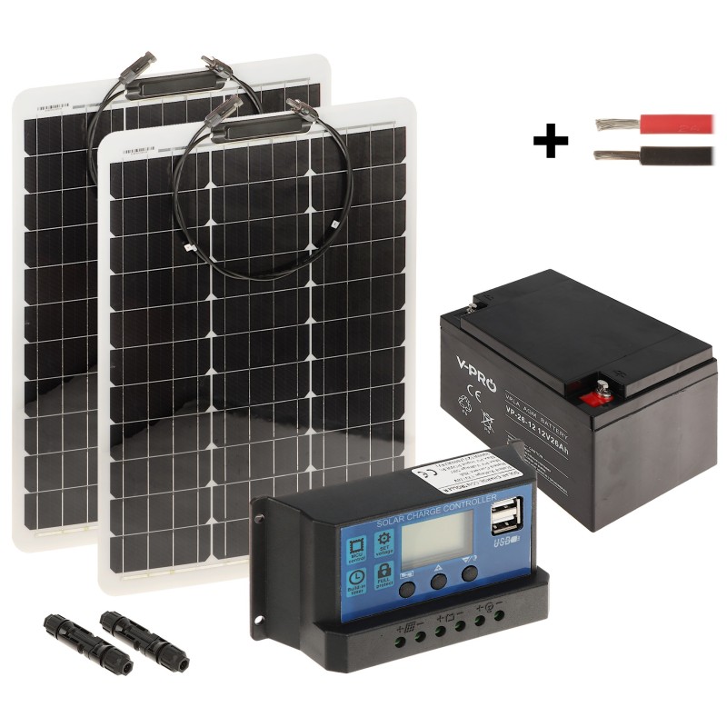 Kit Fotovoltaic Off-Grid 225 Wh/12V cu invertor PWM 20A, acumulator 26A și 2 panouri solare de 50W - 1