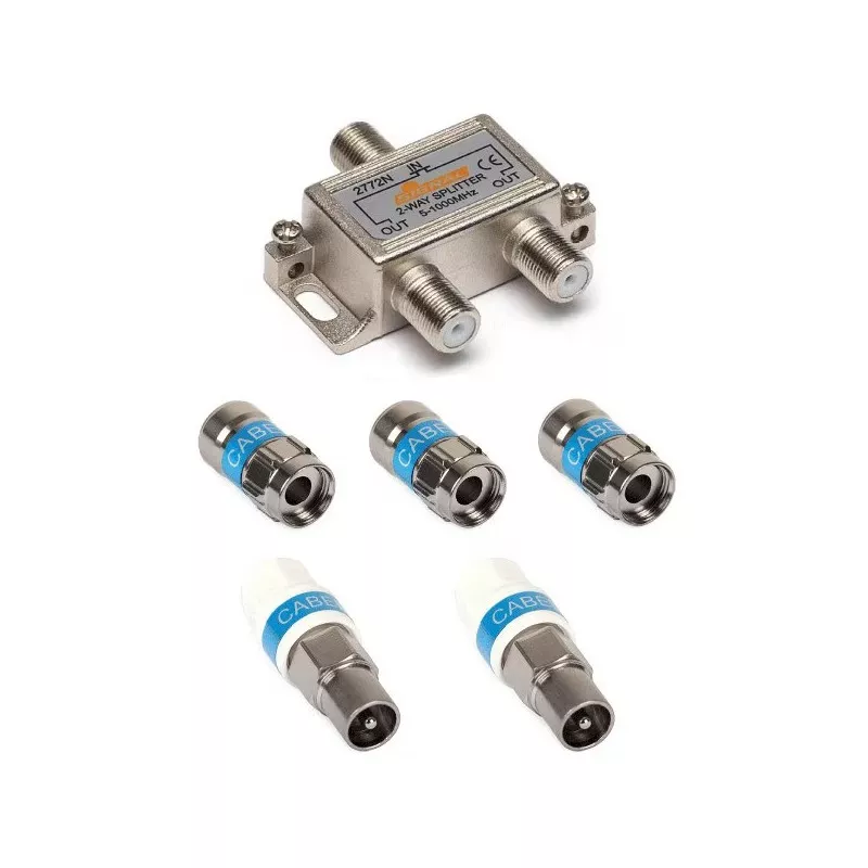 Set Spliter CATV 2 iesiri + 3 mufe F + 2 mufe TV cu autosertizare Cabelcon