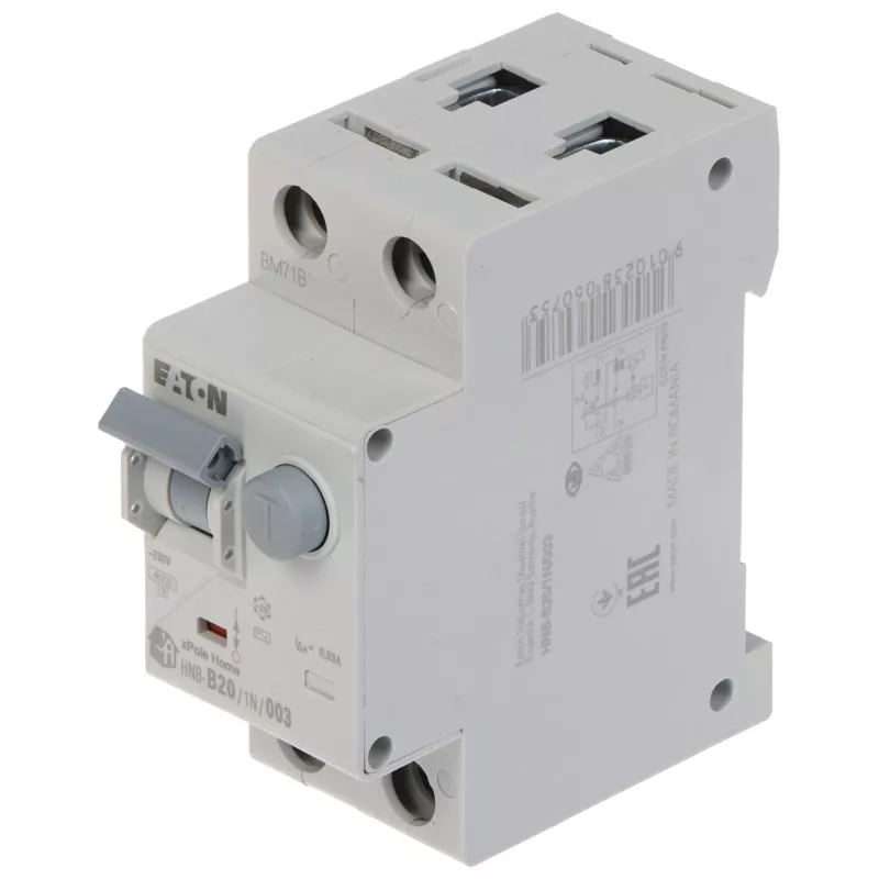 Întreruptor automat cu protecție diferențială Eaton RCD 1P+N 20A 6kA/30mA HNB-B20/1N/003, curbă C