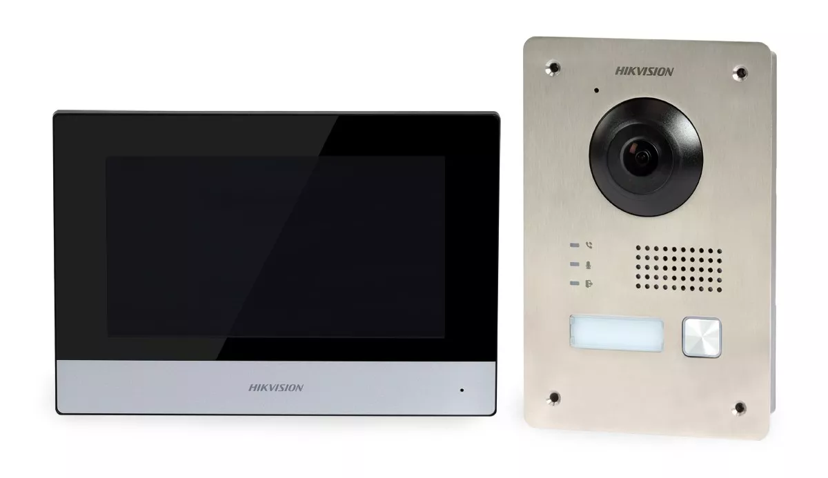 Kit videointerfon Hikvision DS-KIS703Y-P cu 2 fire (DS-KV8103Y-IMPE2, DS-KH6320Y-WTPE2, DS-KAB8103-IMEX, sursă de alimen…