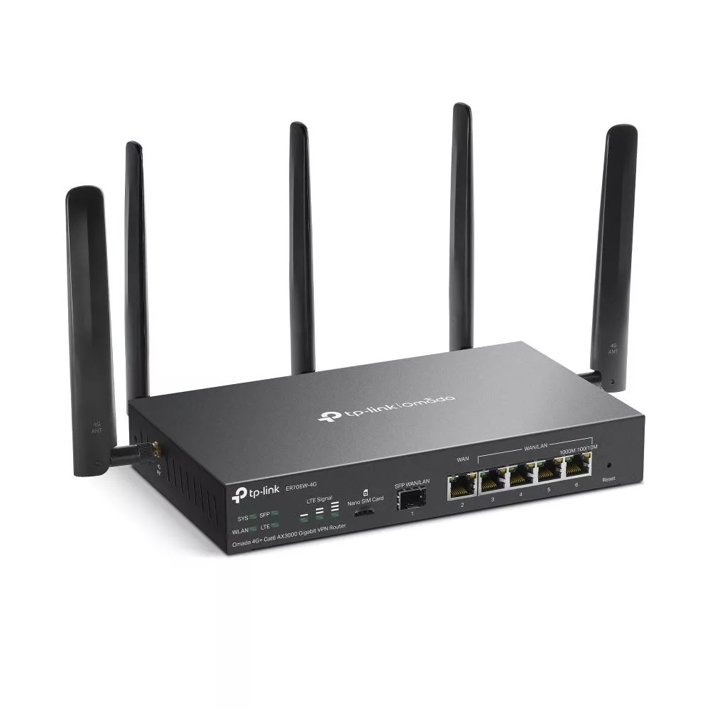 ROUTER TP-LINK VPN Gigabit, Omada 4G+ Cat6 AX3000 Dual-Band WiFi 6, 6 Gigabit RJ45 port, 5 antene externe detasabile, "ER706W-4