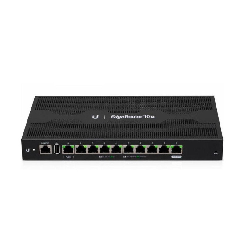 Ubiquiti EdgeRouter ER-10X, 10x Gigabit LAN, 10 Gigabit RJ45 ports offer copper connectivity with PoE input on port 1 and PoE pa