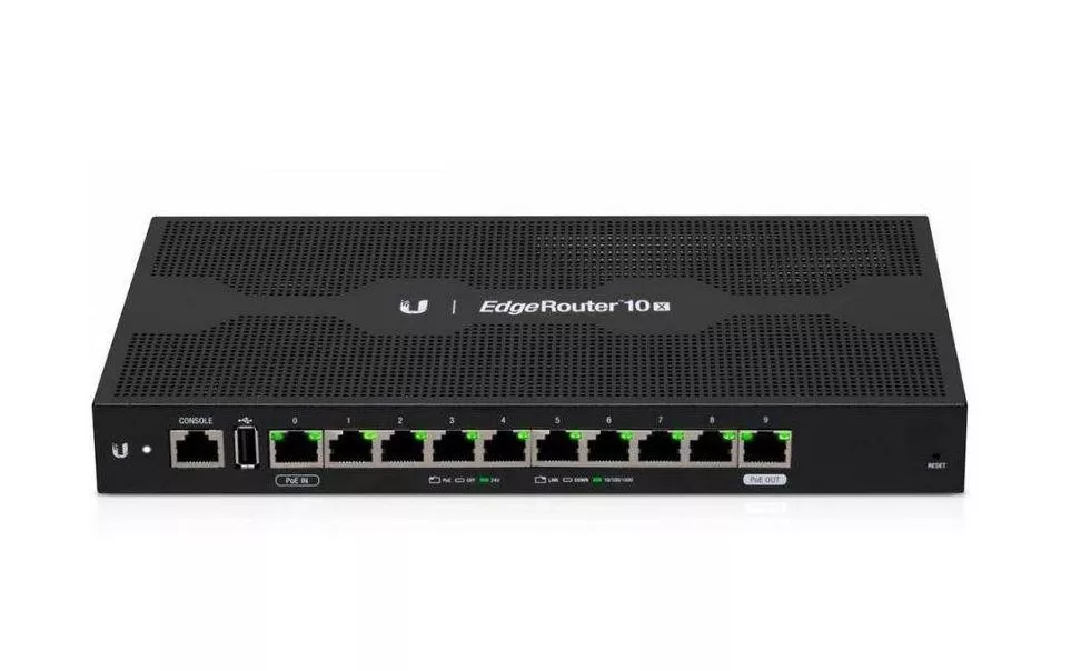 Ubiquiti EdgeRouter ER-10X, 10x Gigabit LAN, 10 Gigabit RJ45 ports offer copper connectivity with PoE input on port 1 and PoE pa
