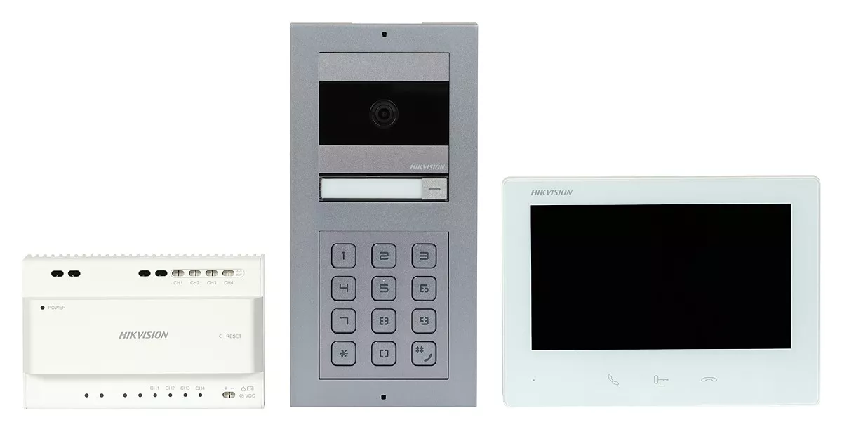 Kit videointerfon Hikvision DS-KIS704EY-ACW2/aluminiu HD cu 2 fire, montare pe suprafață