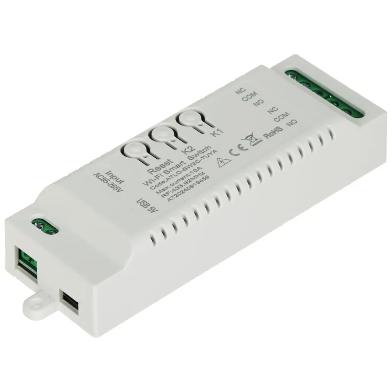 Releu Wi-Fi 2 canale NO/NC ATLO-SW2C-TUYA, control vocal Alexa/Google, compatibil Tuya