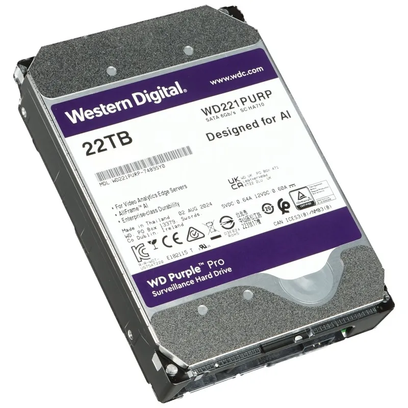 HDD Video Surveillance WD Purple Pro 22TB CMR (3.5'', 512MB, 7200 RPM, SATA 6Gbps, 550TB/year)