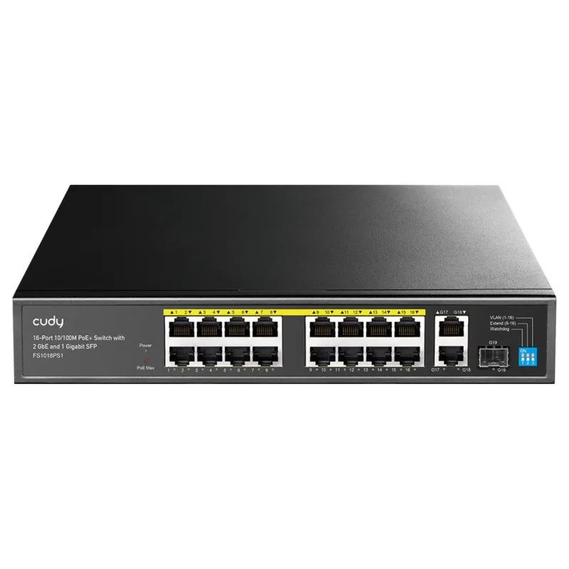 Switch PoE FS1018PS1 cu 16 porturi + 2X uplink + 1X SFP Cudy