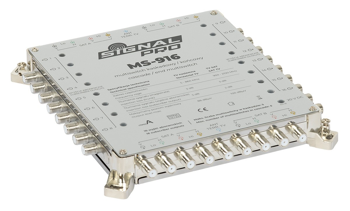 Multiswitch MS-916 SIGNAL PRO class A, 9 intrări/16 ieșiri cu sursă de alimentare, cascadabil