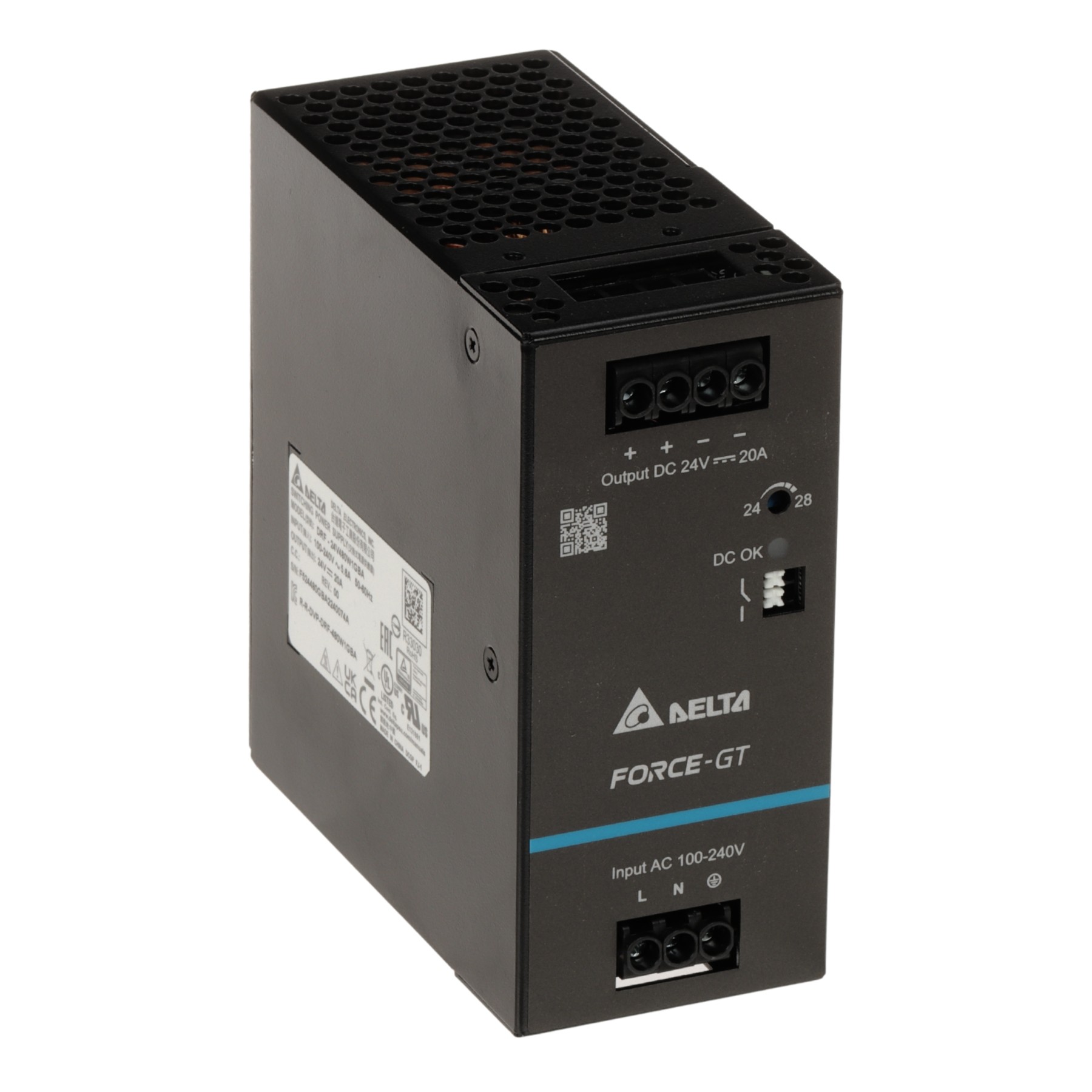 Sursă alimentare 24V/20A cu montare șină DIN Delta DRF-24V480W1GBA FORCE-GT