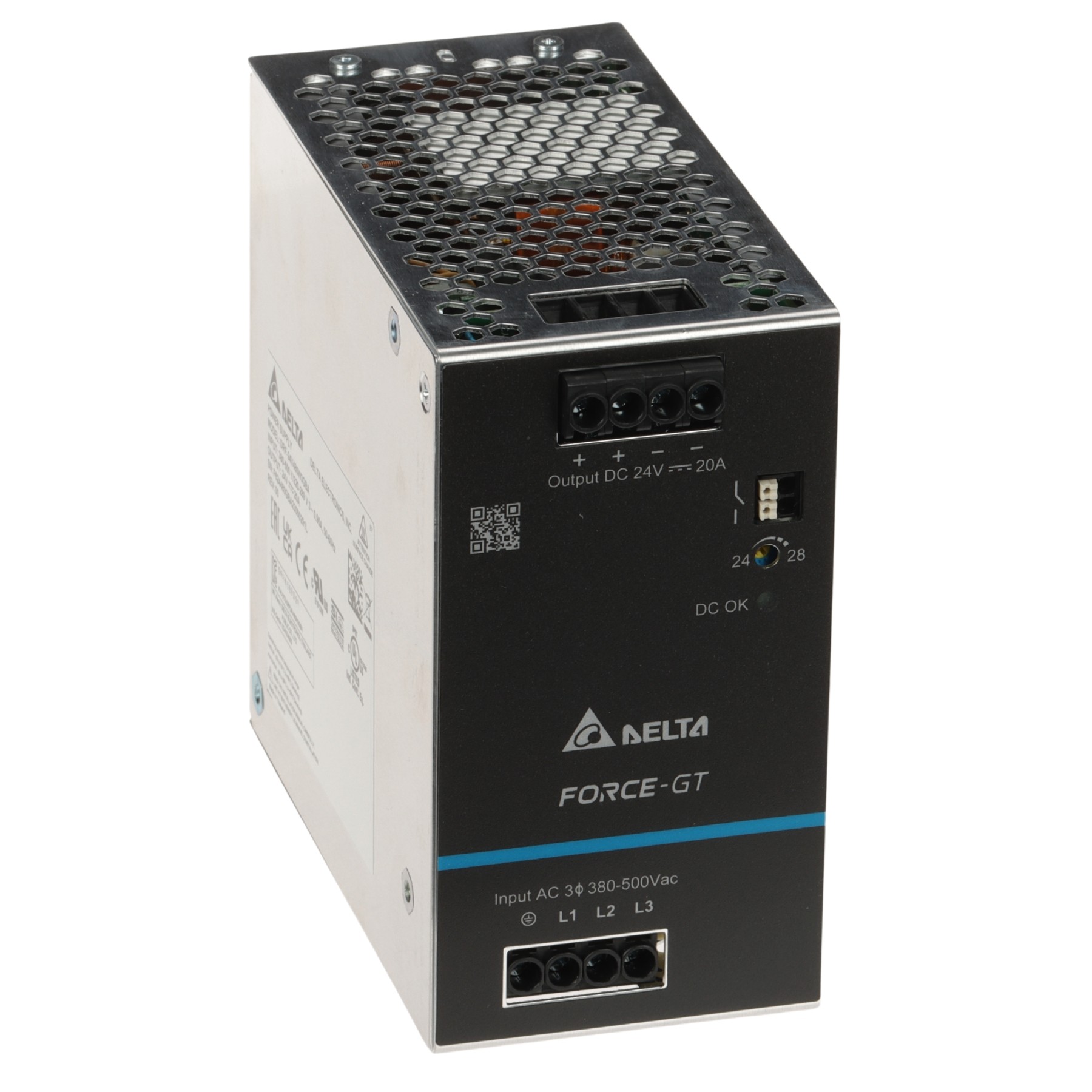 Sursă alimentare 24V/20A cu montare șină DIN trifazată Delta DRF-24V480W3GBA FORCE-GT