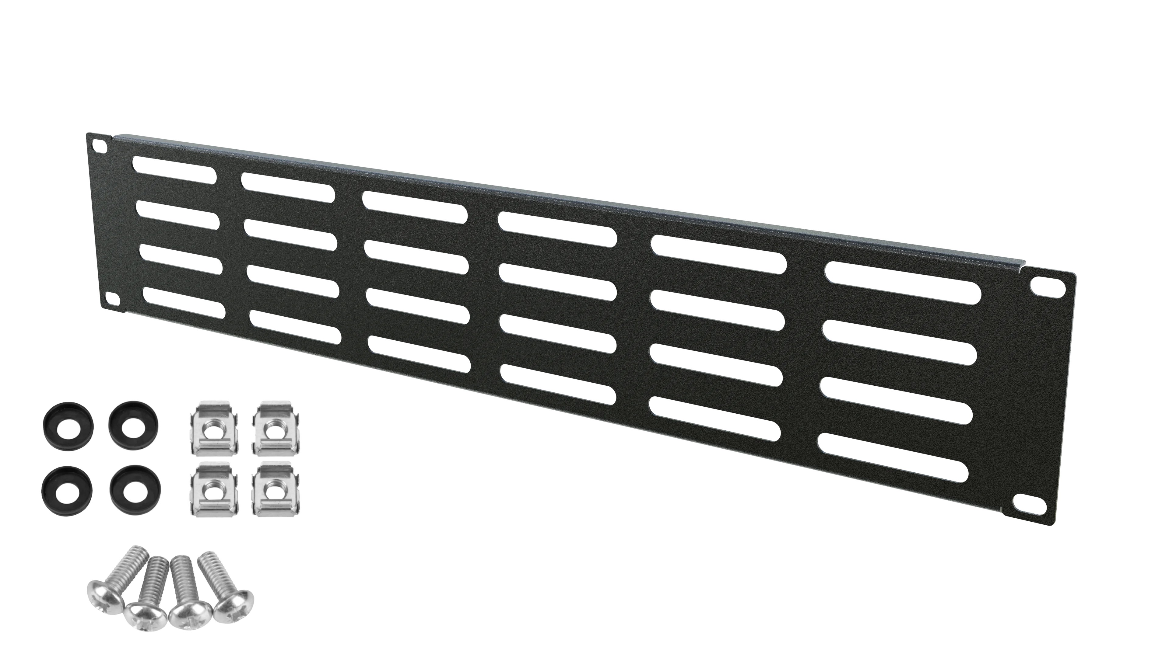 Panou mascare 2U negru cu grile ventilație pentru cabinete rack 19"