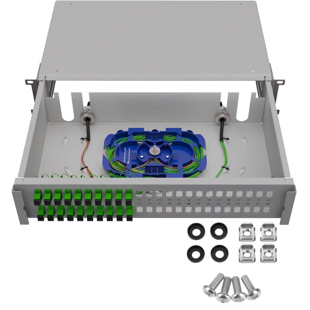 Patchpanel ODF 48xSC simplex 2U 19'' cu șină glisantă alb, fibră optică