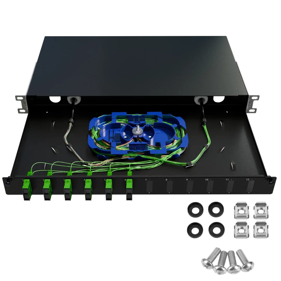 Patchpanel ODF 12xSC duplex 1U 19'' cu sertar negru pt fibră optică