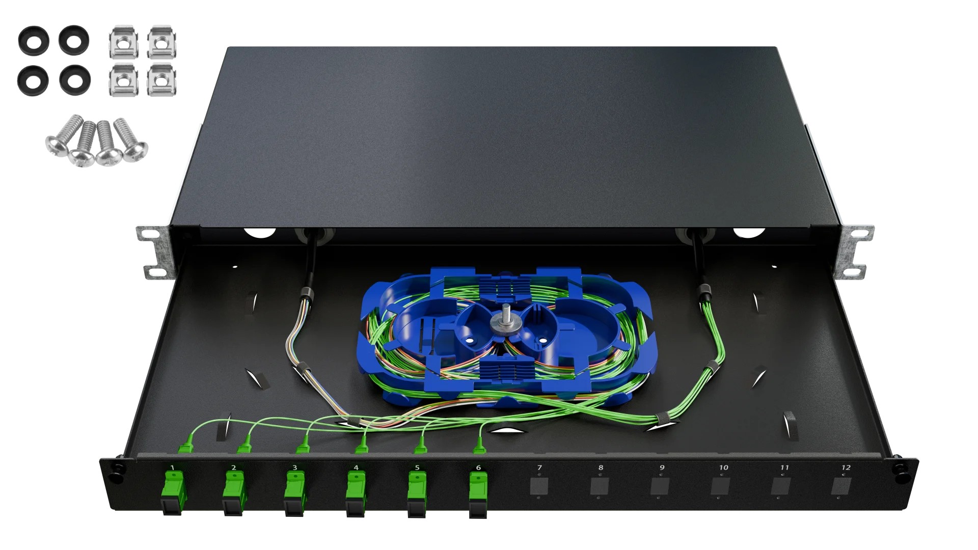 Patchpanel ODF 12xSC simplex 1U 19'' cu glisiere negru pt fibră optică