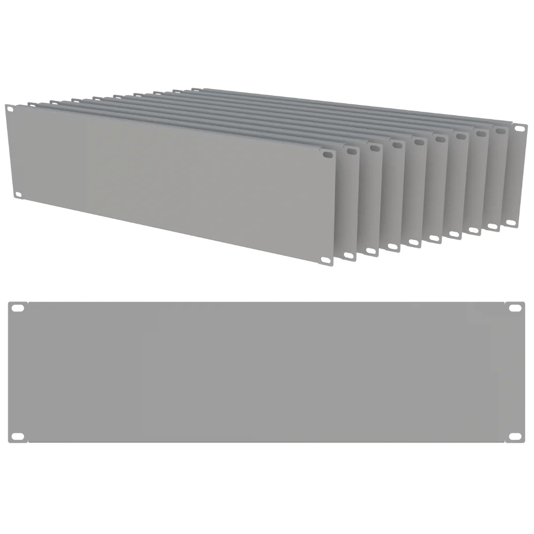 Panou mascare blank plin 3U pentru rack 19", cu șuruburi incluse, gri, pachet de 10 bucăți