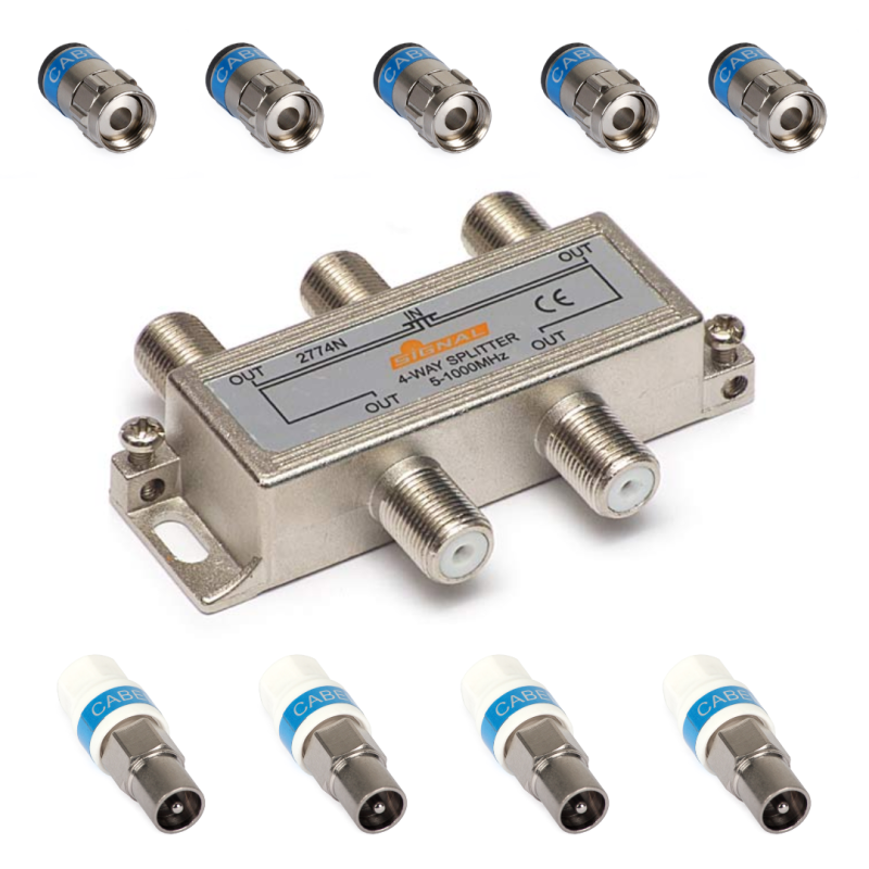 Kit Splitter 4 iesiri + 5 mufe F Cabelcon + 4 mufe TV
