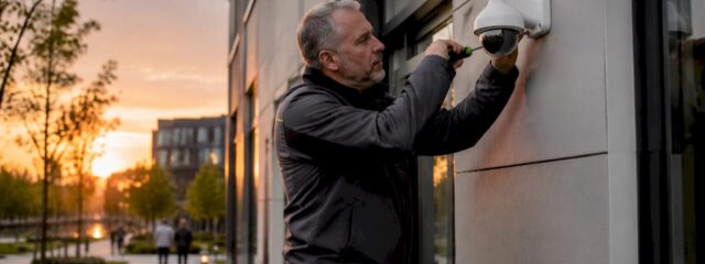 Tehnician montând o cameră de supraveghere tip bullet în exterior