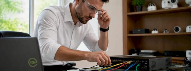 Un tehnician instalează un dispozitiv DVR în rackul de servere.