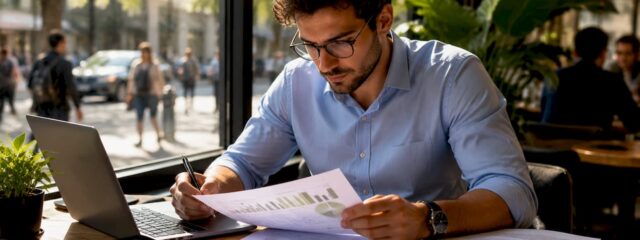 Un analist de business analizează rapoartele privind statisticile video, la birou.