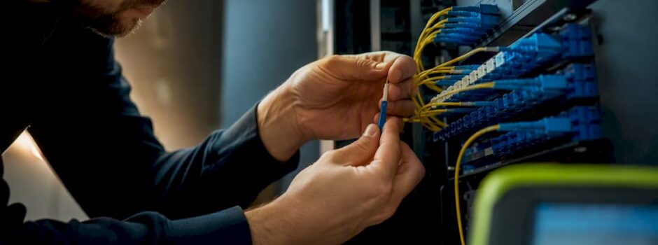 Instalator care verifică o conexiune de fibră optică